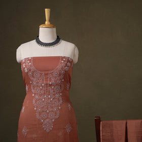 Brown 2pc Kota Doria Cotton Lucknow Chikankari Dress Material 