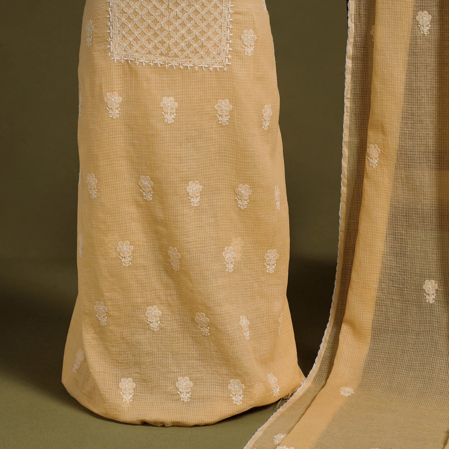 Brown 2pc Kota Doria Cotton Lucknow Chikankari Dress Material