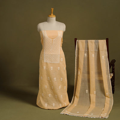 Brown 2pc Kota Doria Cotton Lucknow Chikankari Dress Material