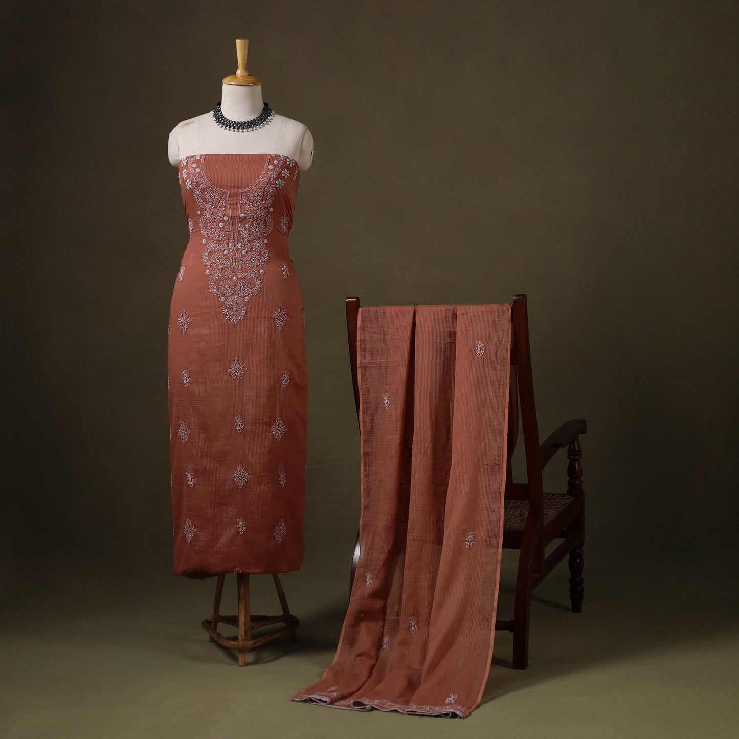 Brown 2pc Kota Doria Cotton Lucknow Chikankari Dress Material 