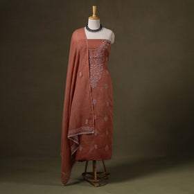 Brown 2pc Kota Doria Cotton Lucknow Chikankari Dress Material 