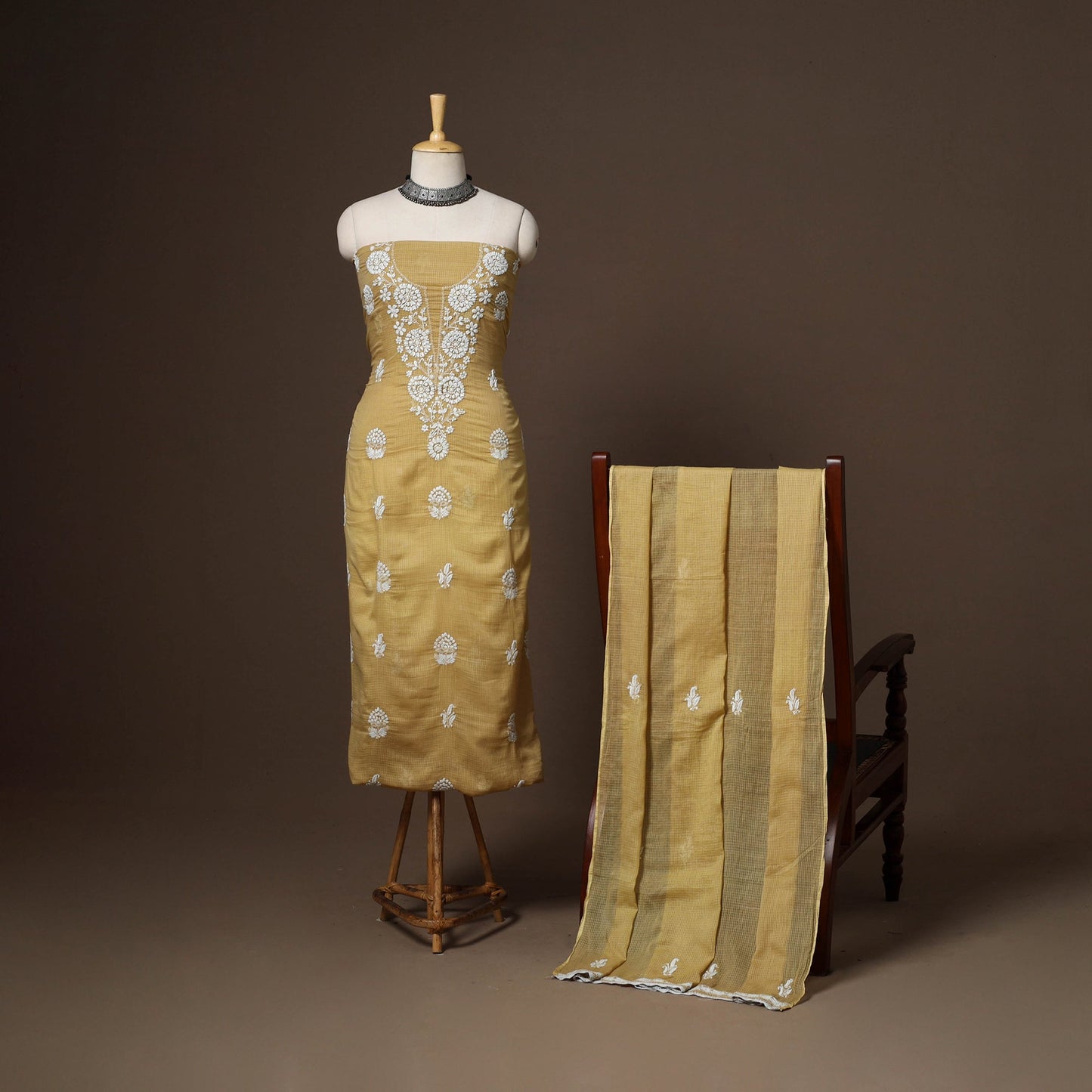 Brown - 2pc kota doria cotton unstitched lucknow chikankari