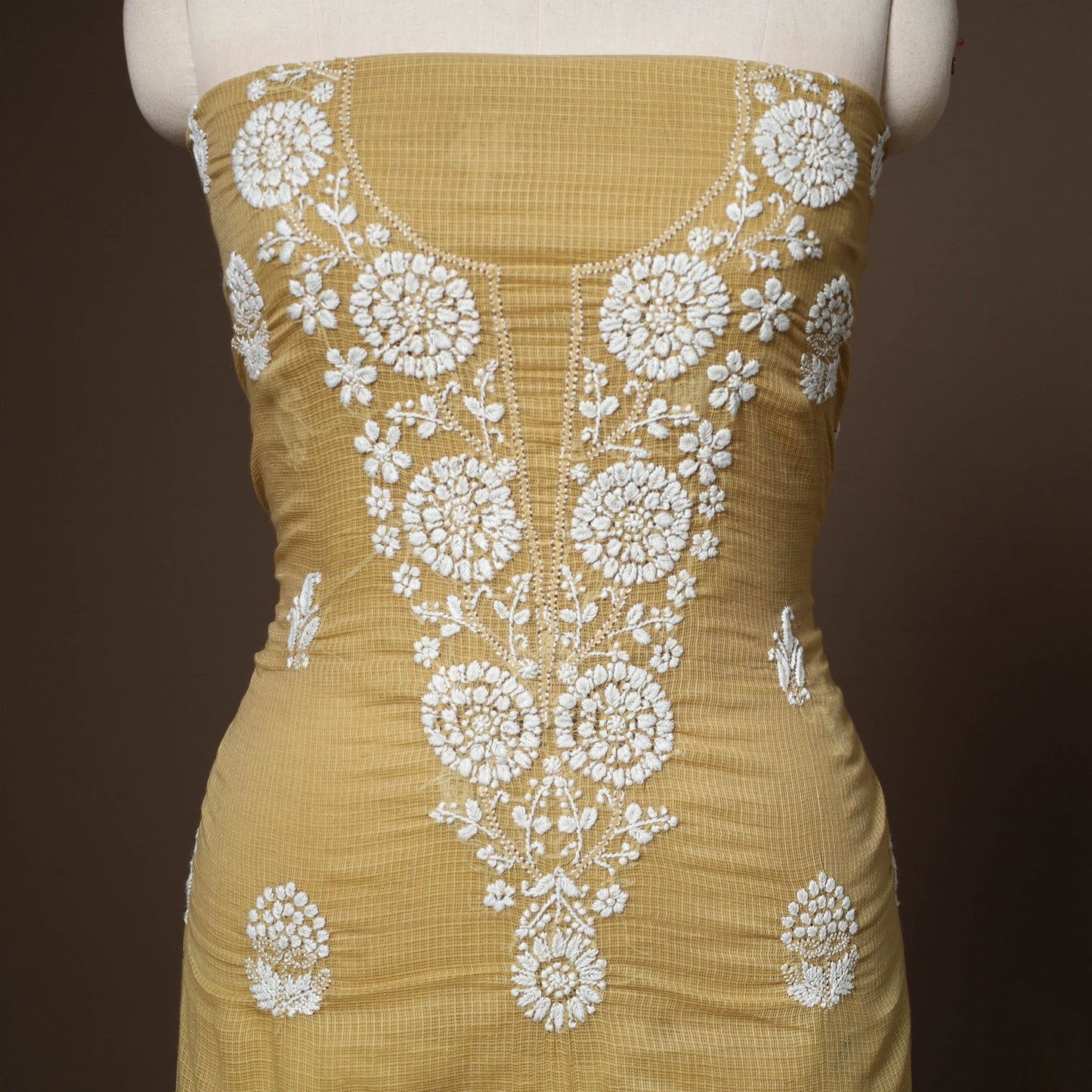 Brown - 2pc kota doria cotton unstitched lucknow chikankari