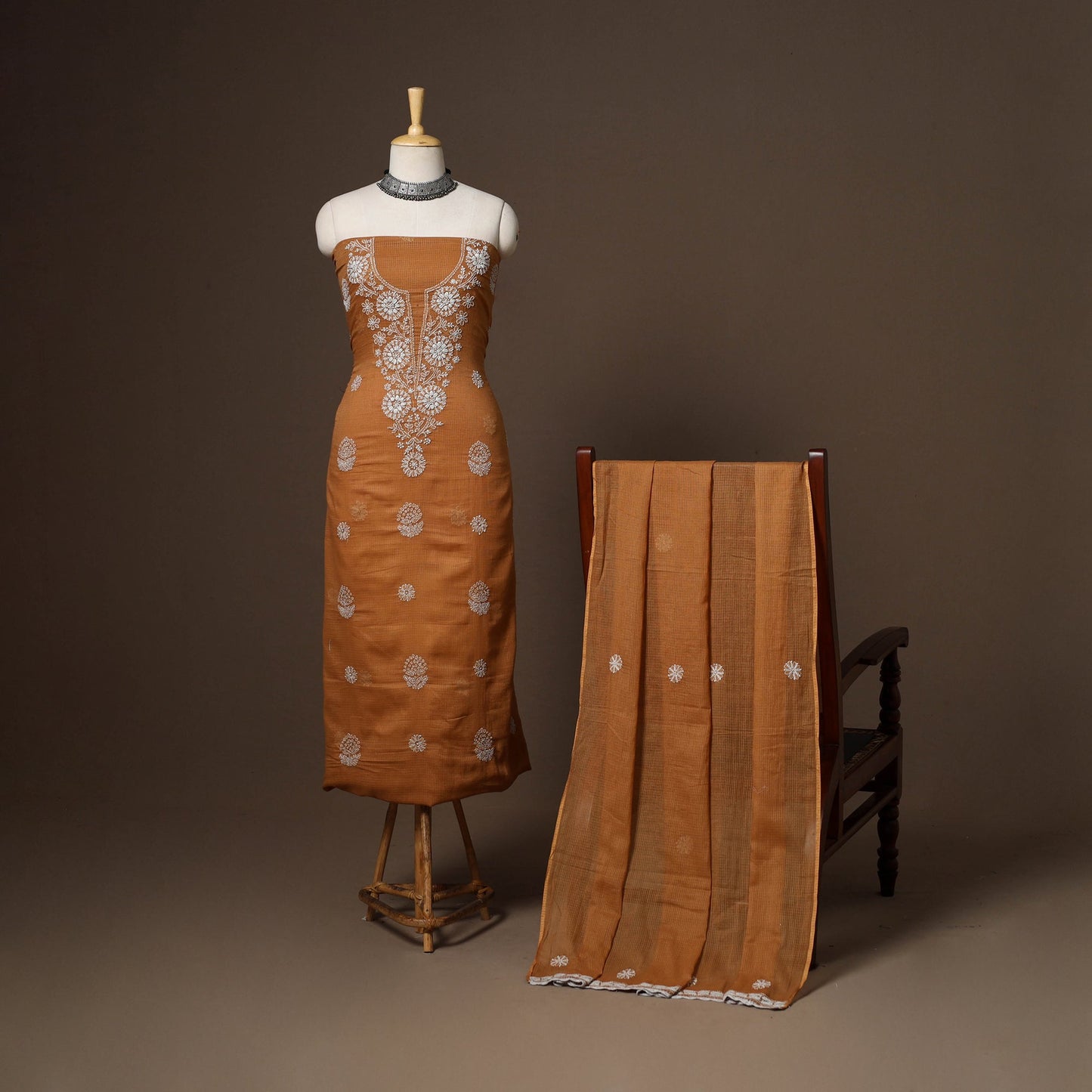 Brown - 2pc kota doria cotton unstitched lucknow chikankari