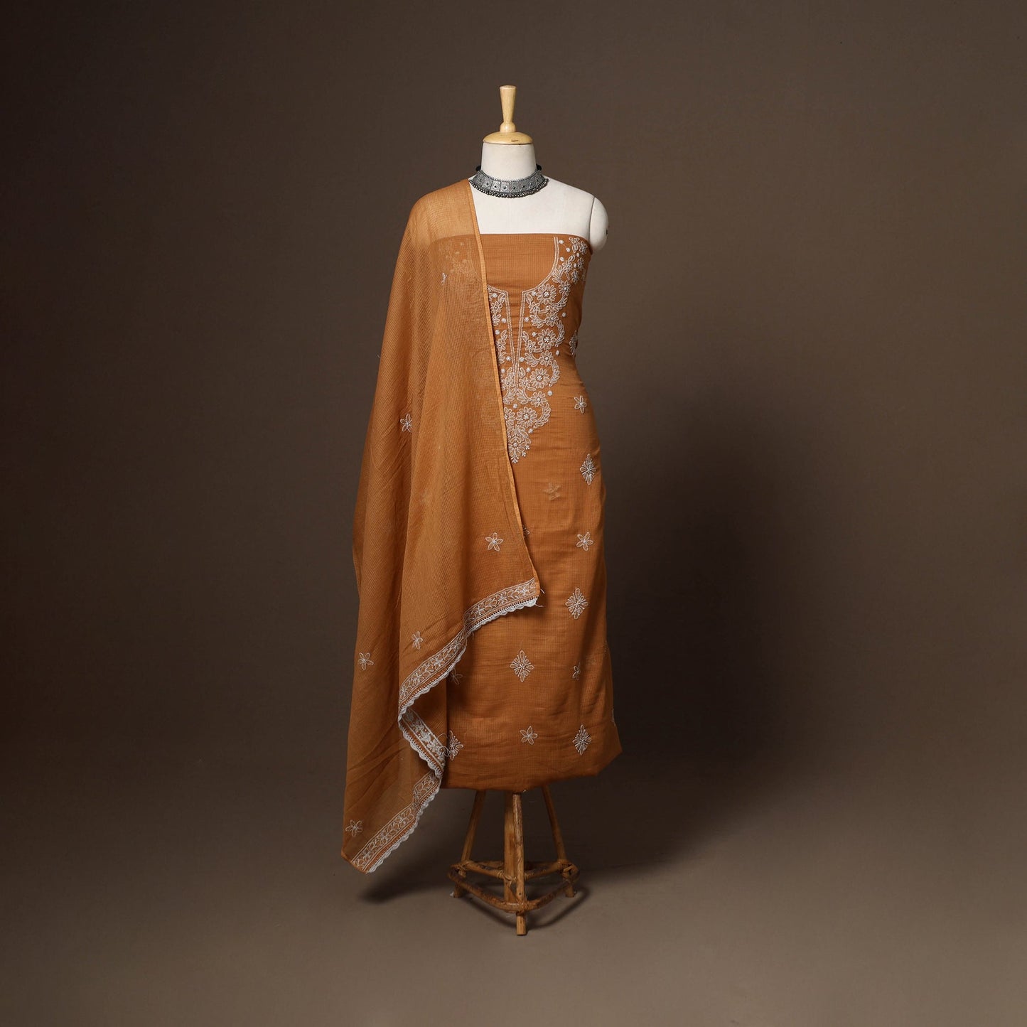 Brown - 2pc kota doria cotton unstitched lucknow chikankari