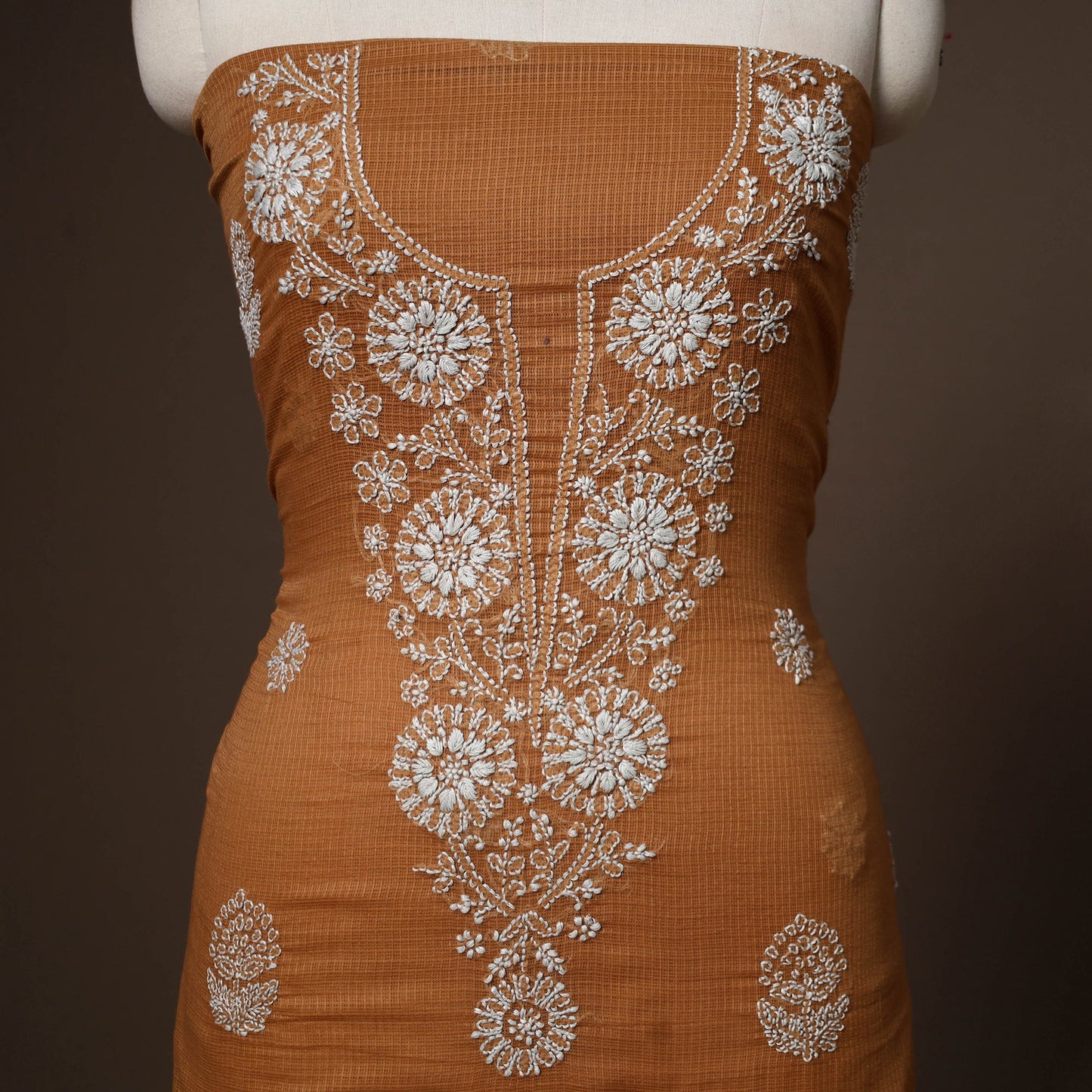 Brown - 2pc kota doria cotton unstitched lucknow chikankari