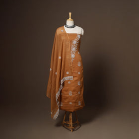 Brown - 2pc kota doria cotton unstitched lucknow chikankari
