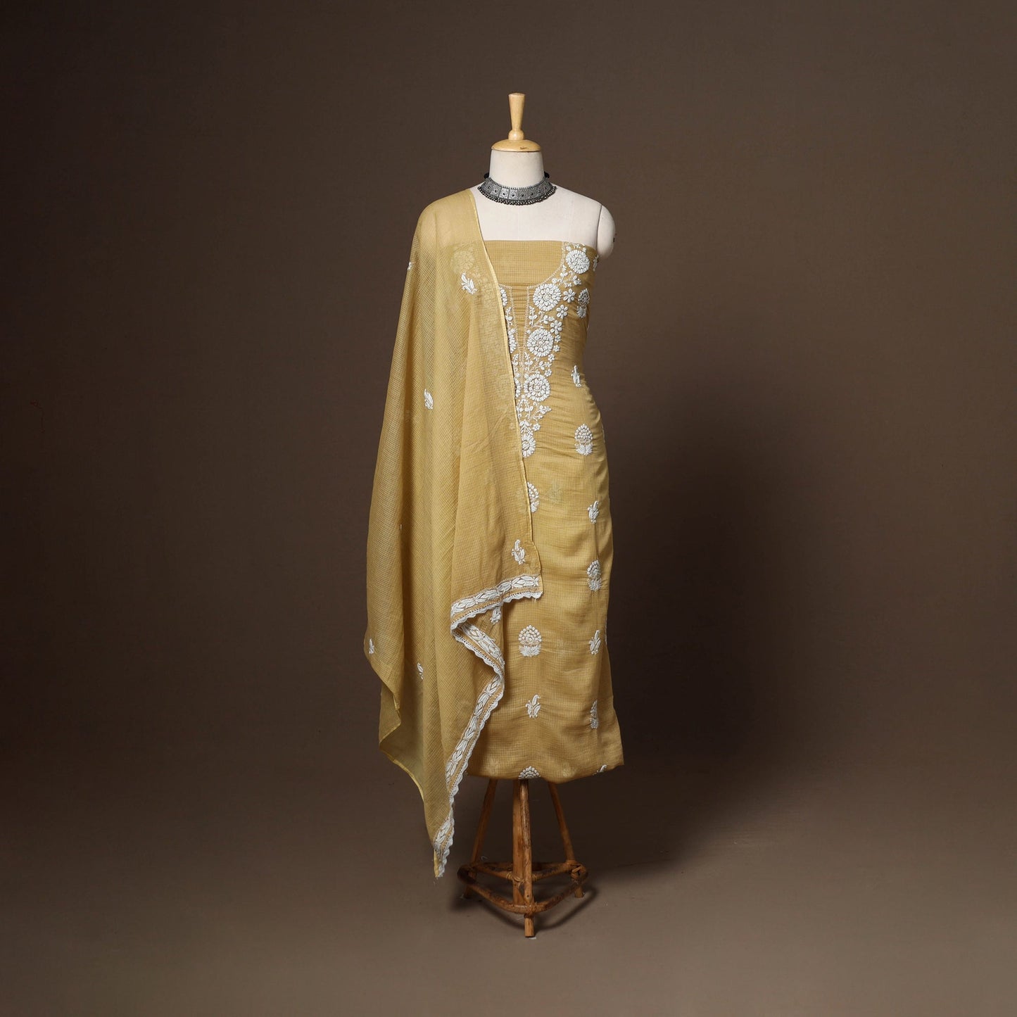 Brown - 2pc kota doria cotton unstitched lucknow chikankari