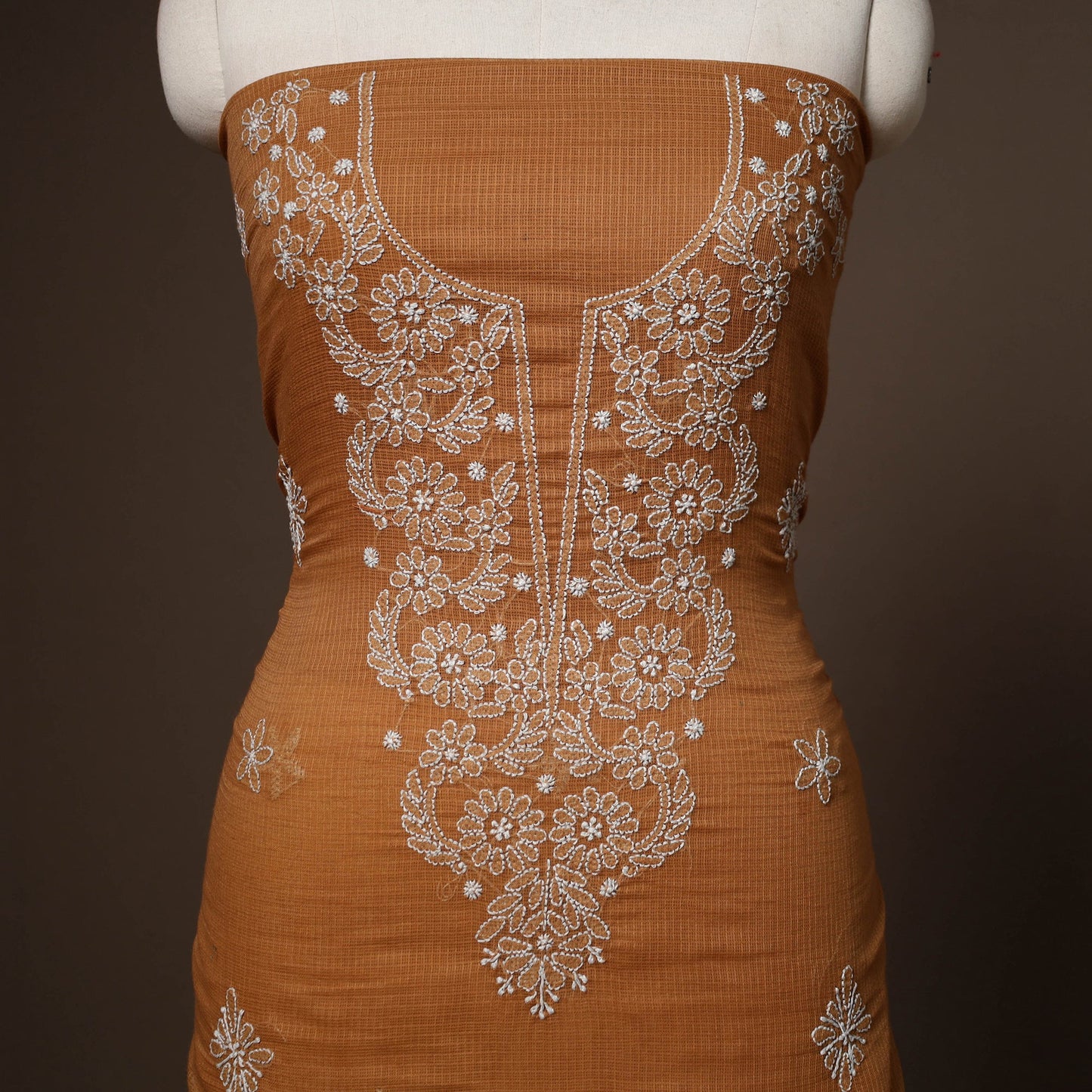 Brown - 2pc kota doria cotton unstitched lucknow chikankari