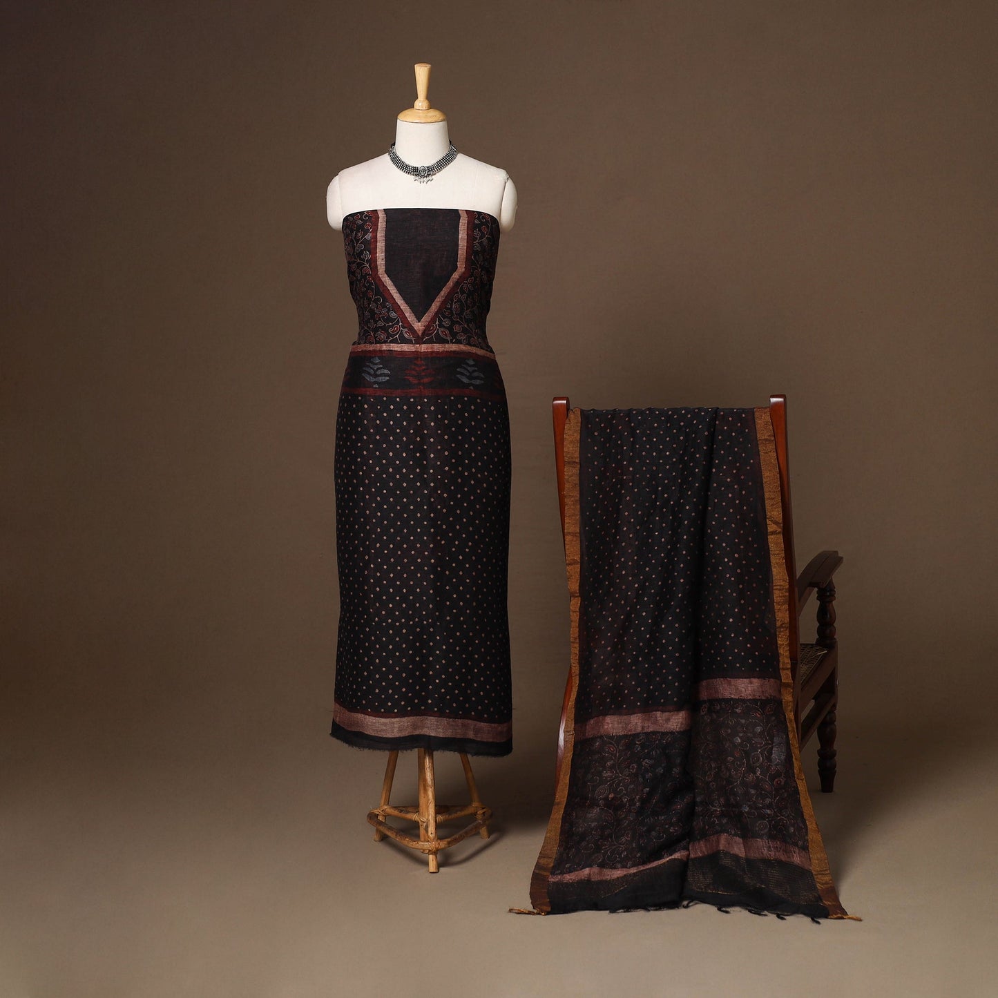 Brown - 2pc linen silk unstitched dress material 03