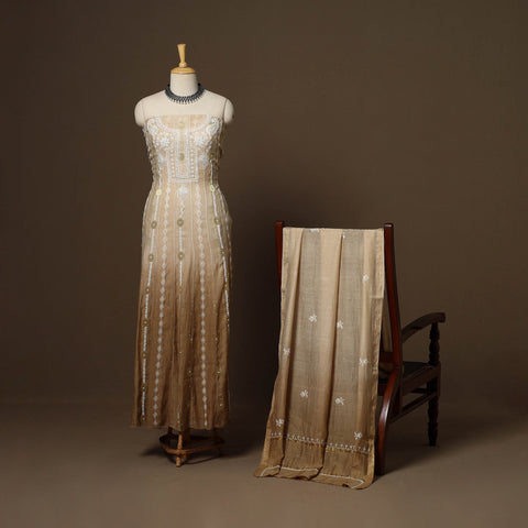 Brown - 2pc mul chanderi semi stitched hand beads work