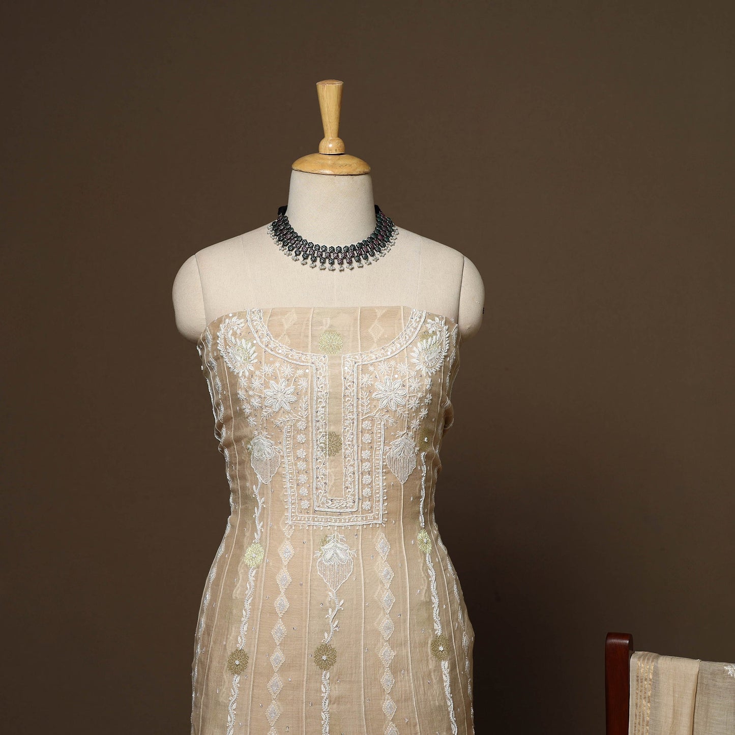 Brown - 2pc mul chanderi semi stitched hand beads work