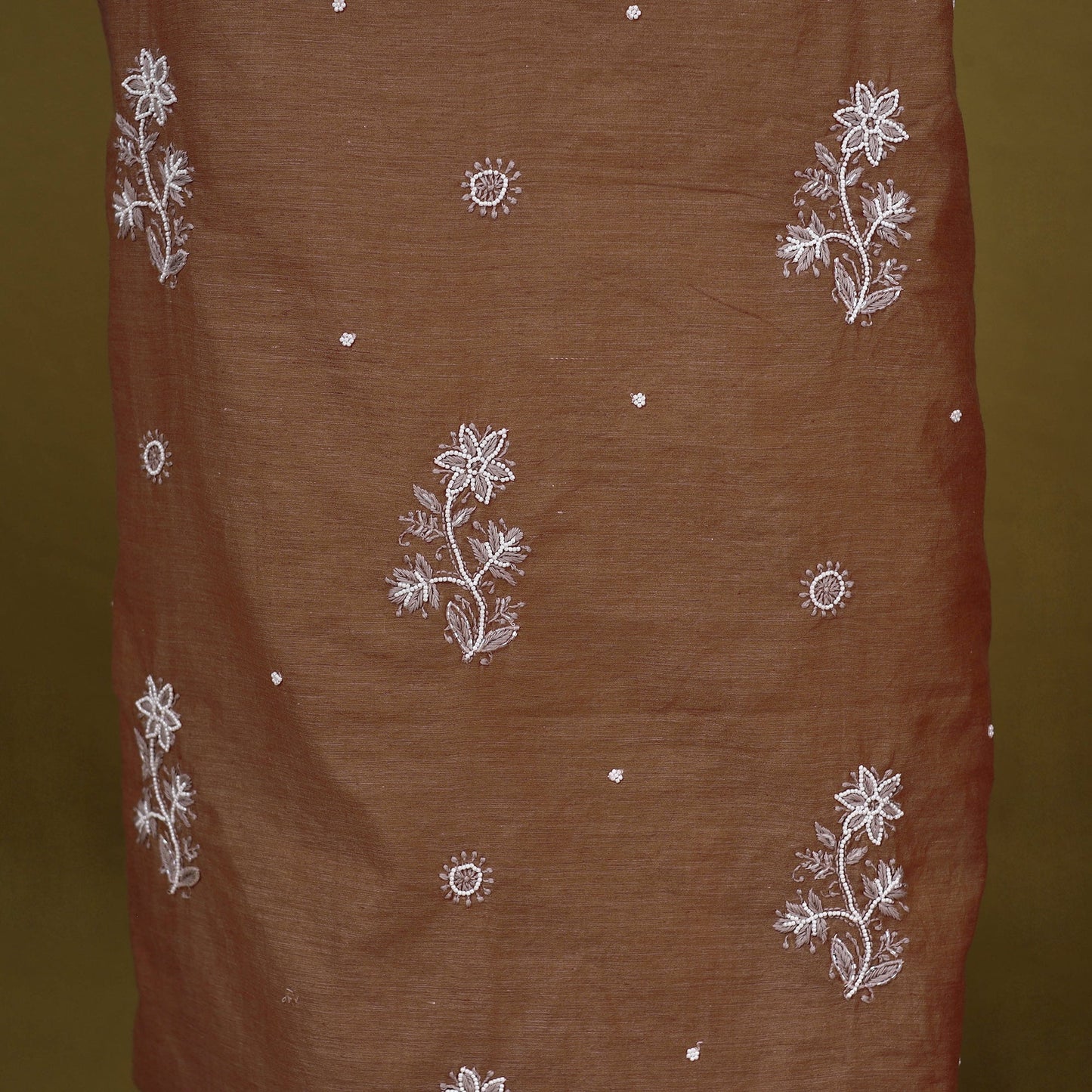 Brown - 2pc mul chanderi unstitched chikankari dress