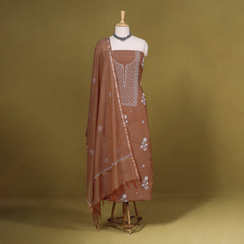 Brown - 2pc mul chanderi unstitched chikankari dress