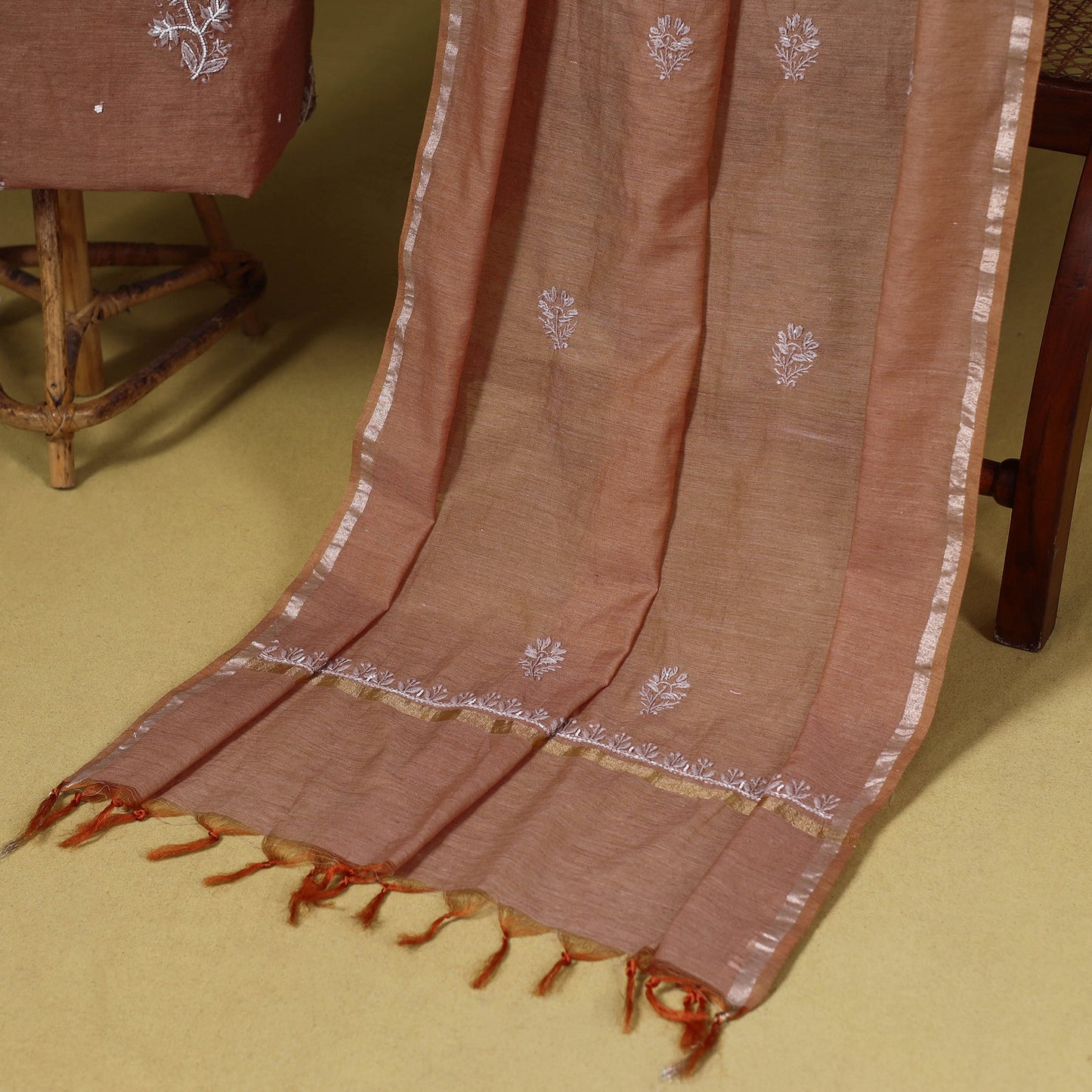 Brown - 2pc mul chanderi unstitched chikankari dress