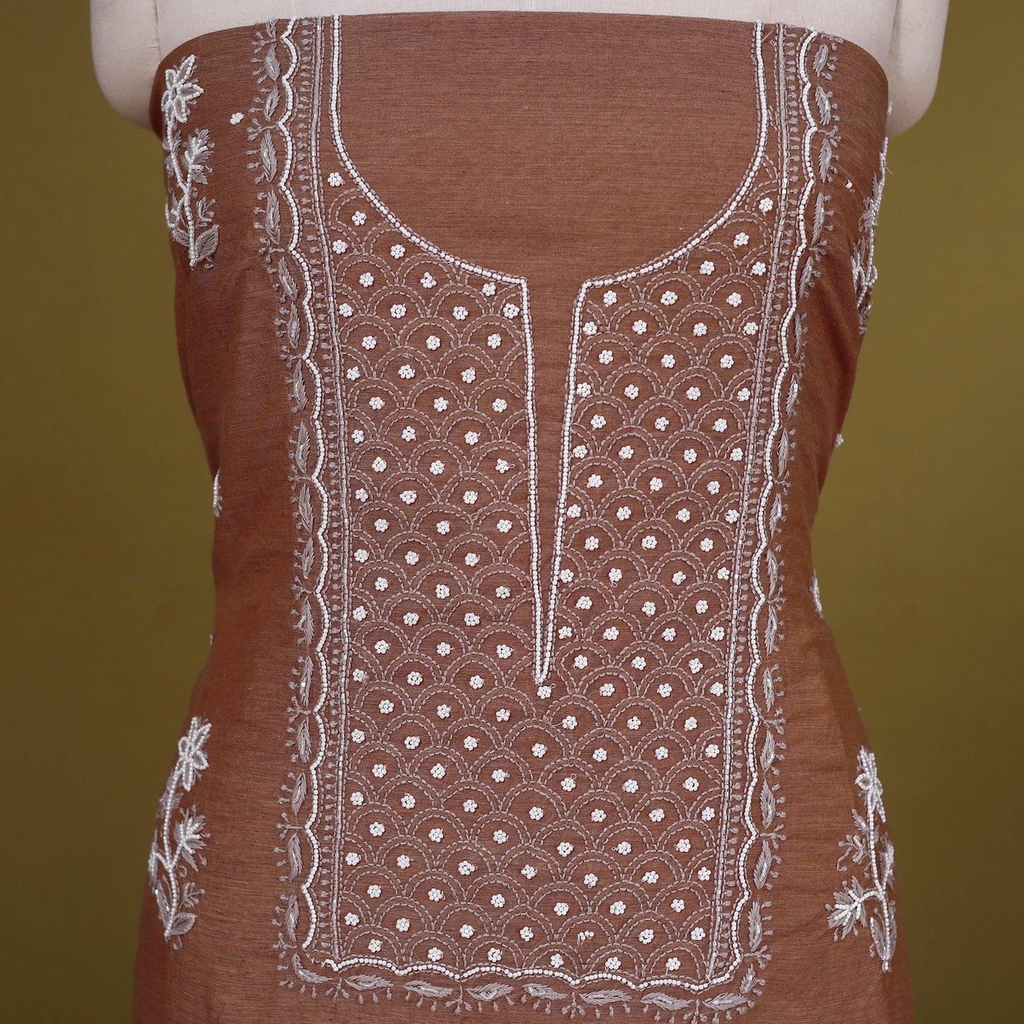 Brown - 2pc mul chanderi unstitched chikankari dress