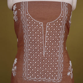 Brown - 2pc mul chanderi unstitched chikankari dress