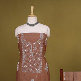 Brown - 2pc mul chanderi unstitched chikankari dress