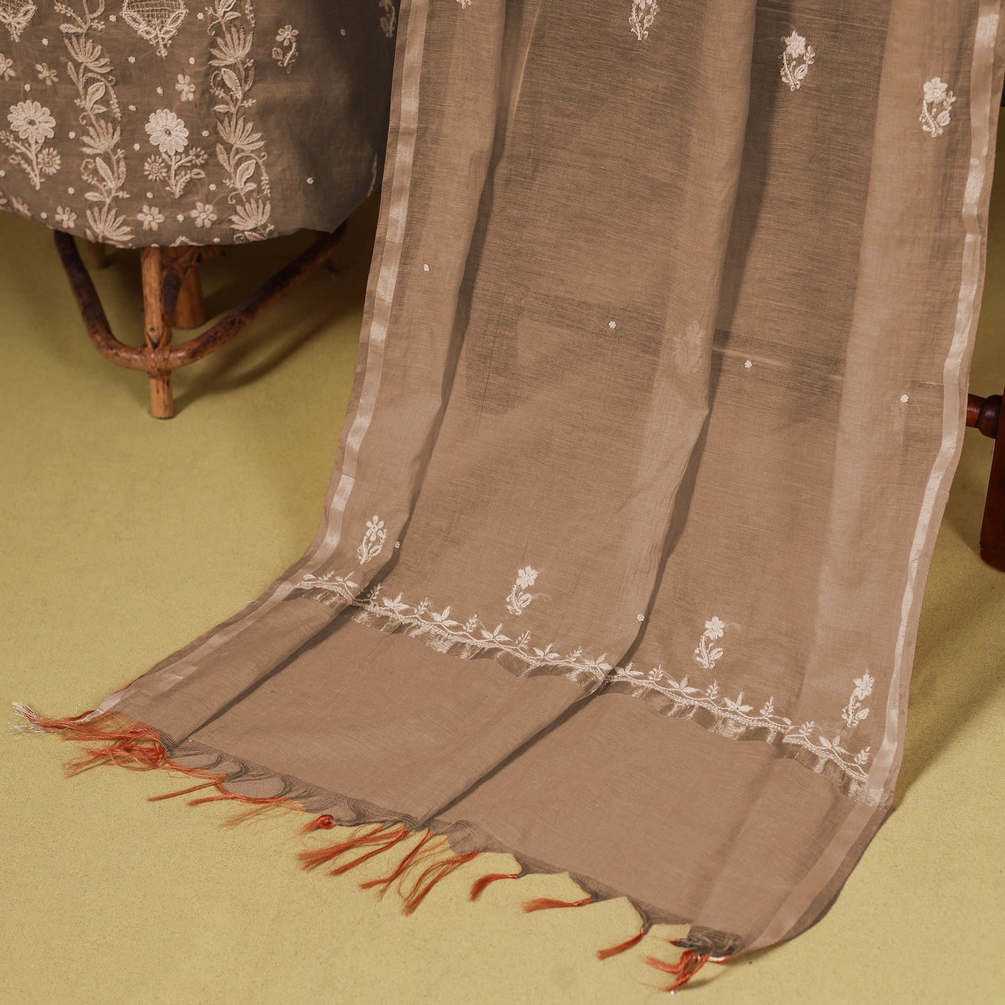 Brown - 2pc mul chanderi unstitched chikankari dress