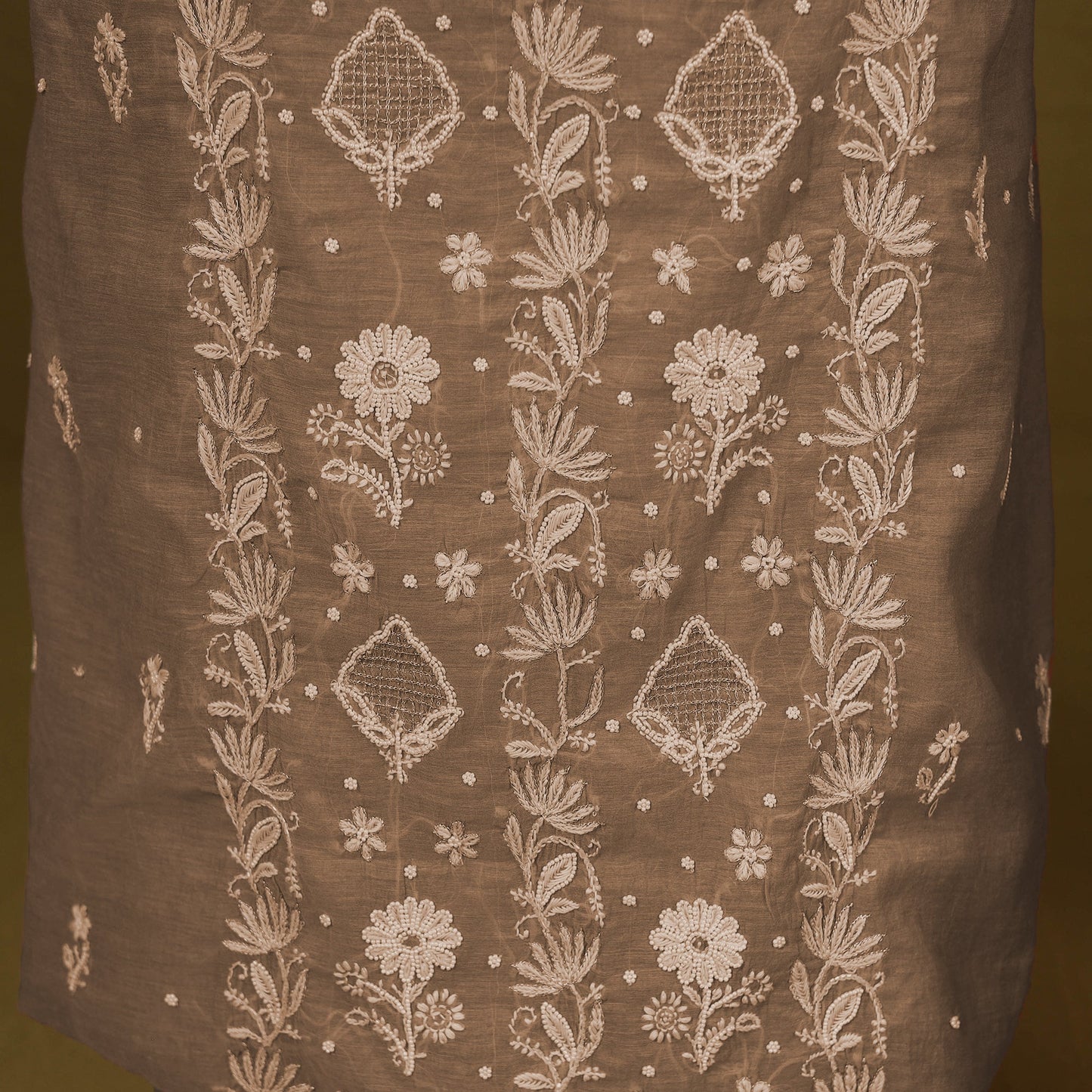 Brown - 2pc mul chanderi unstitched chikankari dress