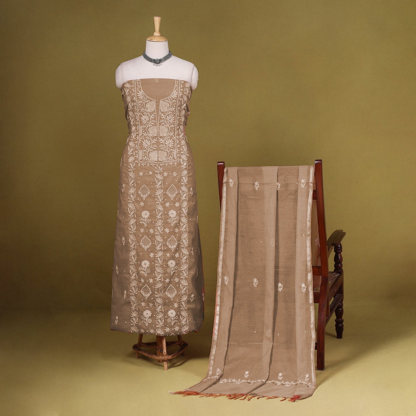 Brown - 2pc mul chanderi unstitched chikankari dress