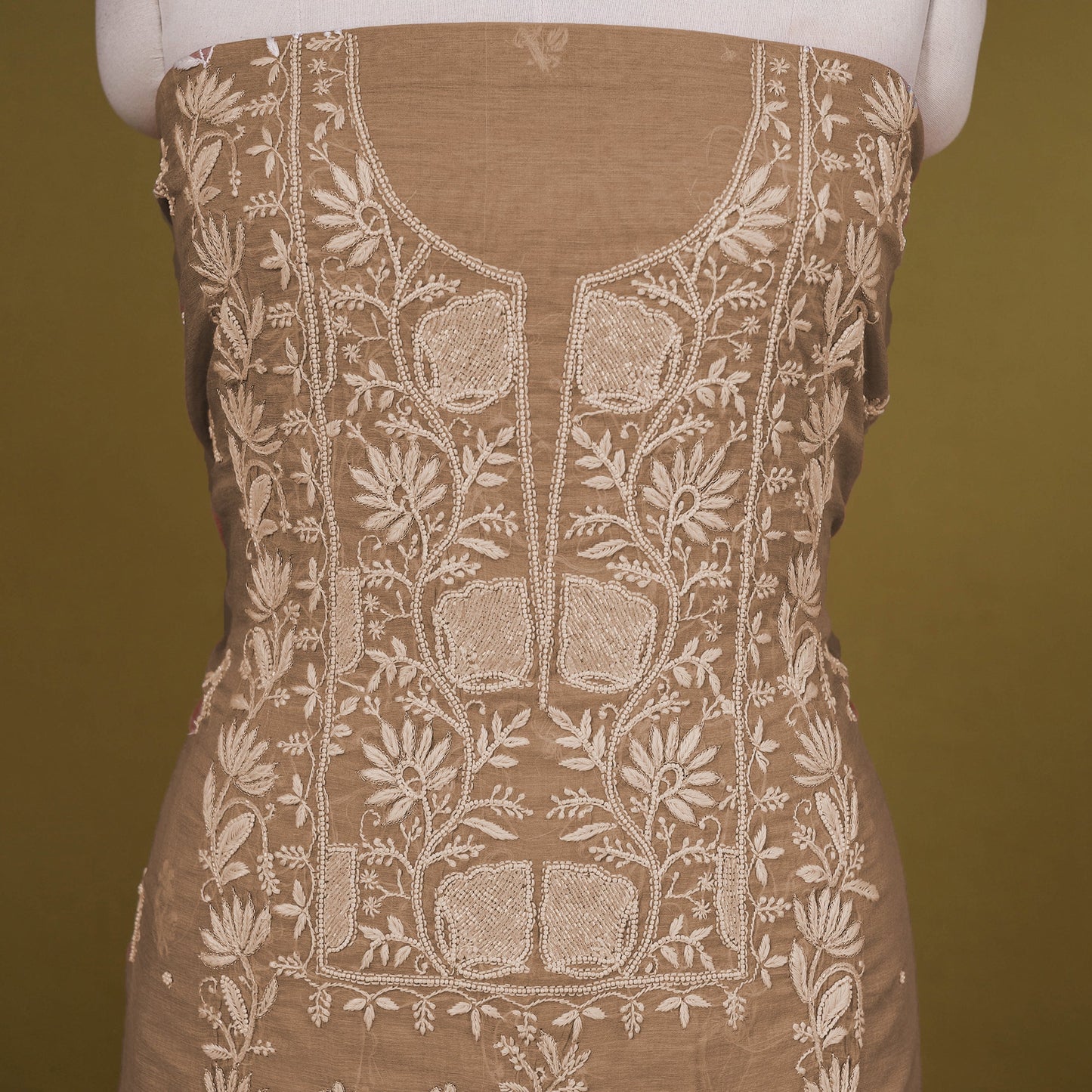 Brown - 2pc mul chanderi unstitched chikankari dress