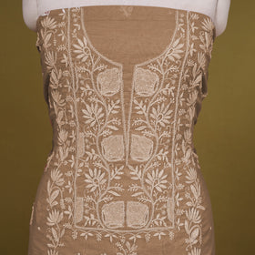 Brown - 2pc mul chanderi unstitched chikankari dress