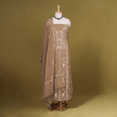 Brown - 2pc mul chanderi unstitched chikankari dress