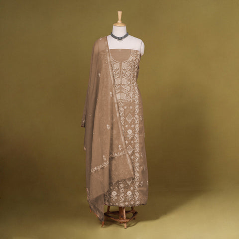 Brown - 2pc mul chanderi unstitched chikankari dress