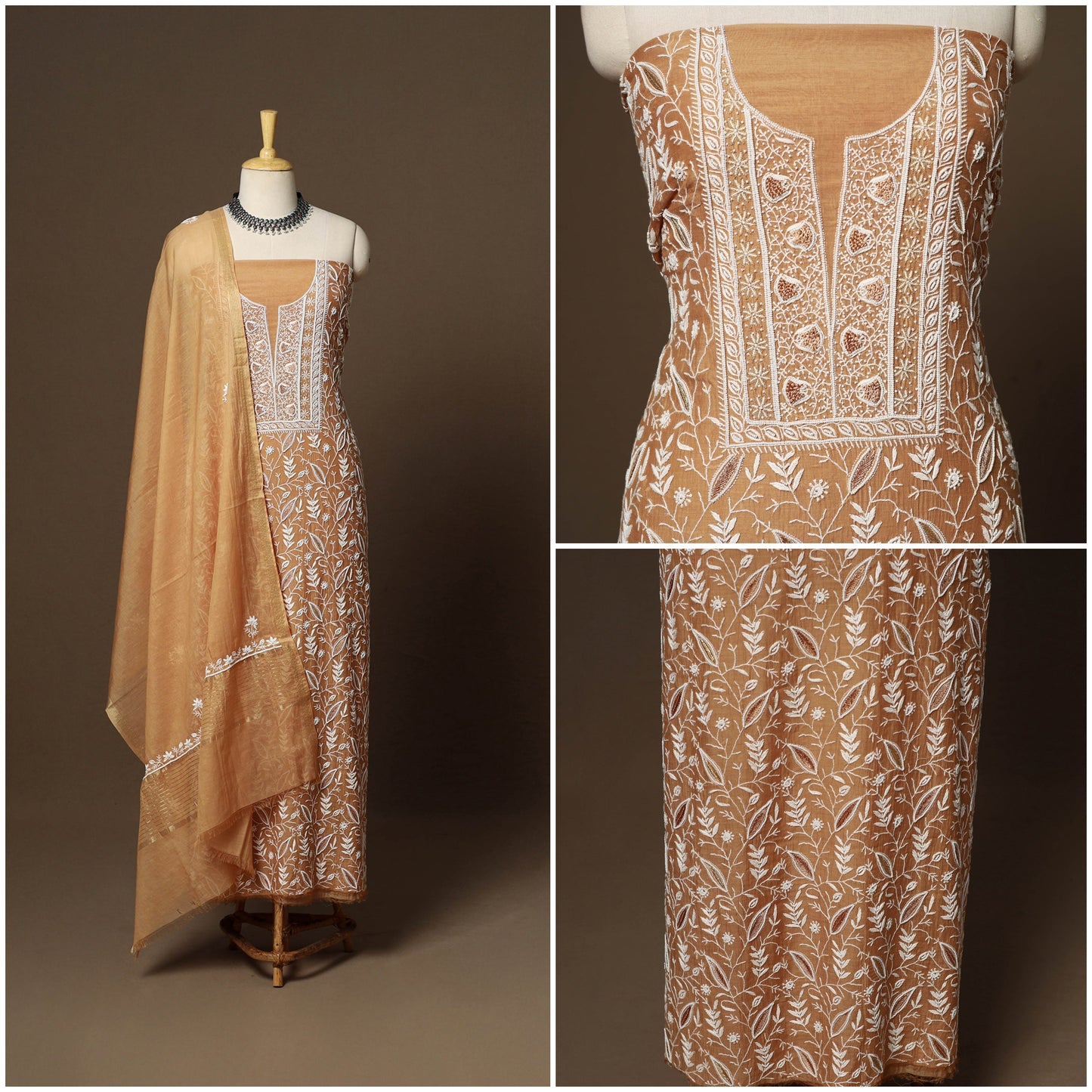 Brown - 2pc mul chanderi unstitched hand beads work heavy