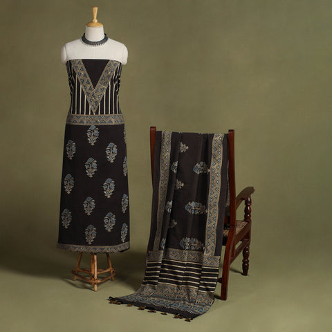 Brown 2pc Natural Dyed Cotton Block Print Ajrakh Dress Material