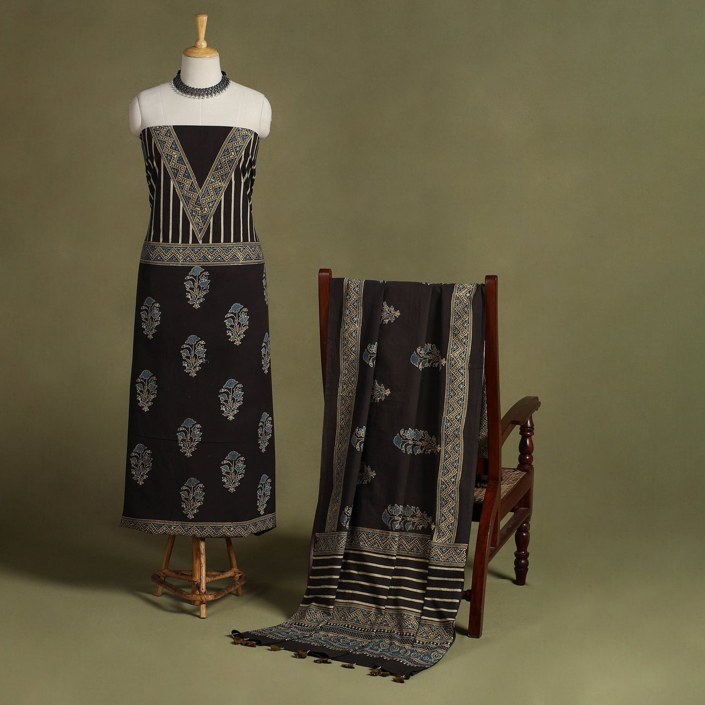 Brown 2pc Natural Dyed Cotton Block Print Ajrakh Dress Material