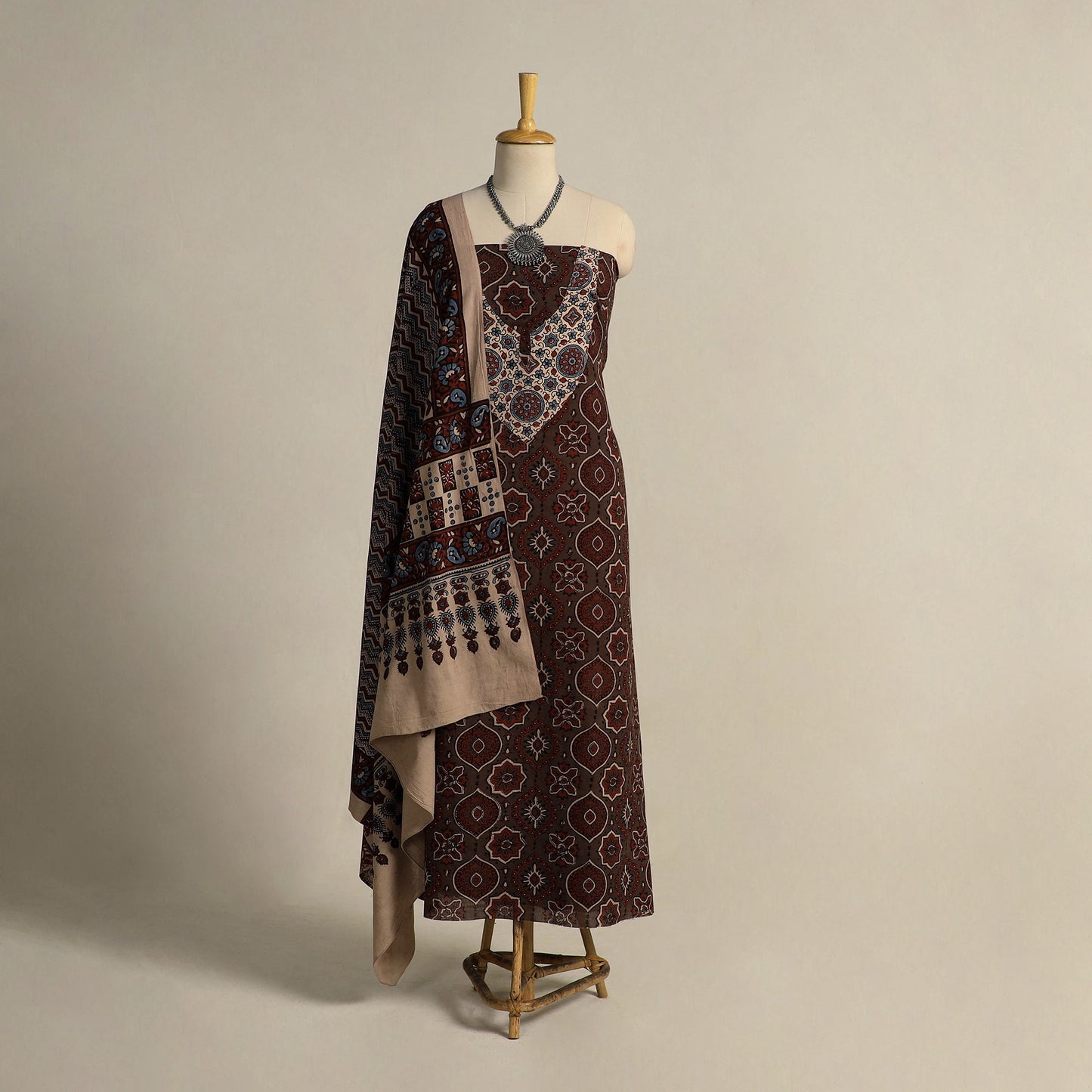 Buy Brown 2pc Block Print Natural Dyed Ajrakh Dress Material