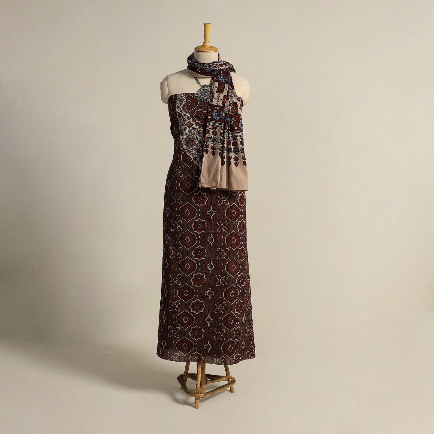 Buy Brown 2pc Block Print Natural Dyed Ajrakh Dress Material