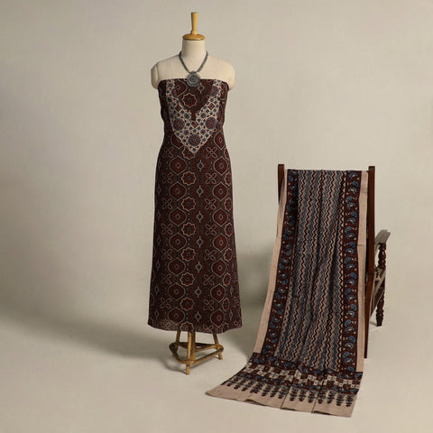 Buy Brown 2pc Block Print Natural Dyed Ajrakh Dress Material