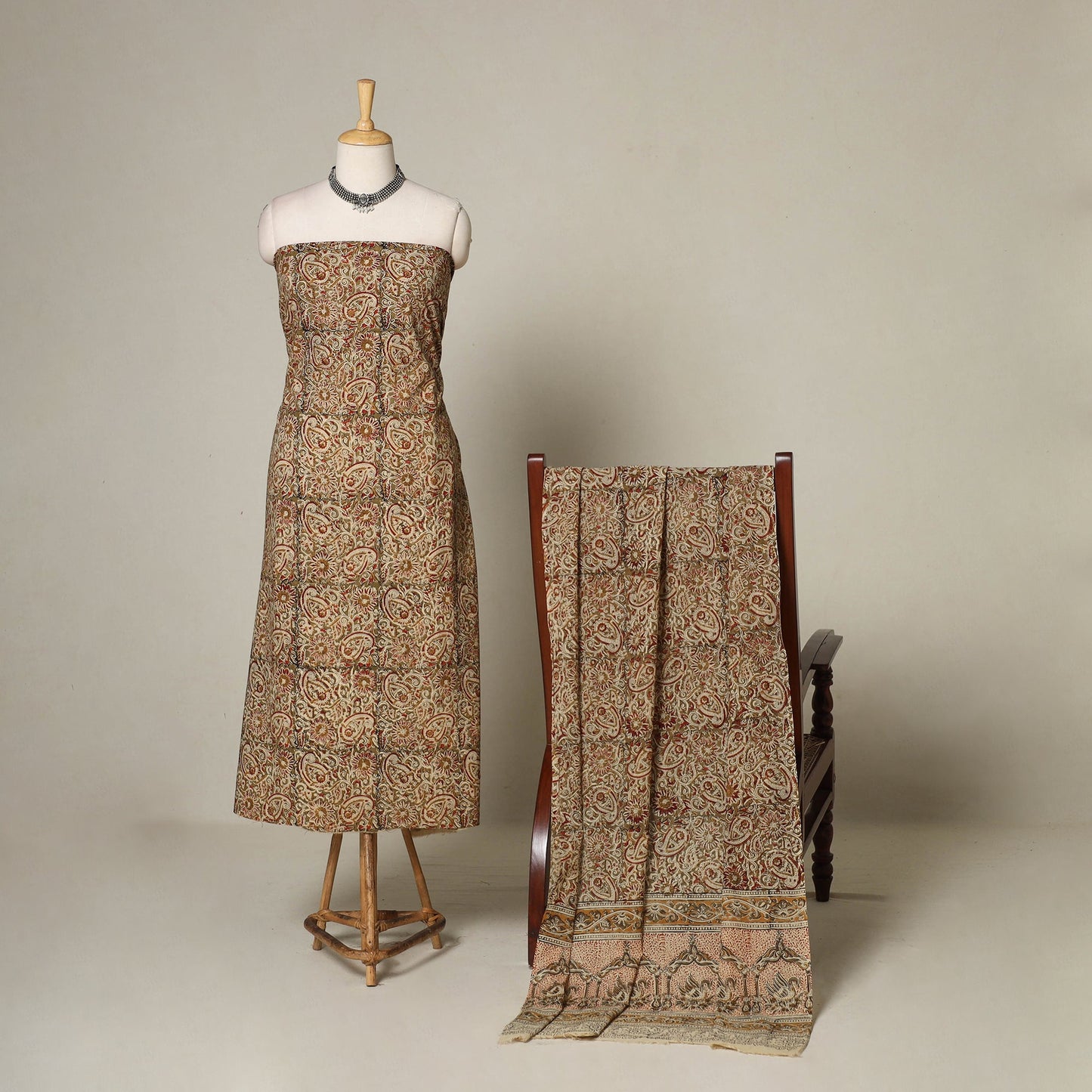 Brown - 2pc pedana cotton unstitched kalamkari dress