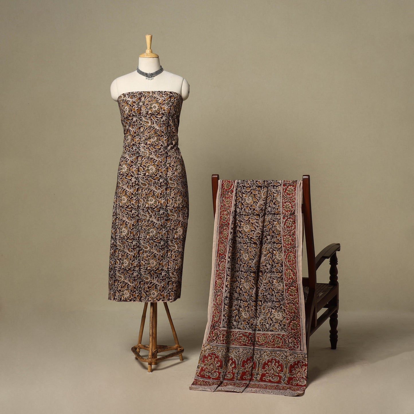 Brown - 2pc pedana cotton unstitched kalamkari dress