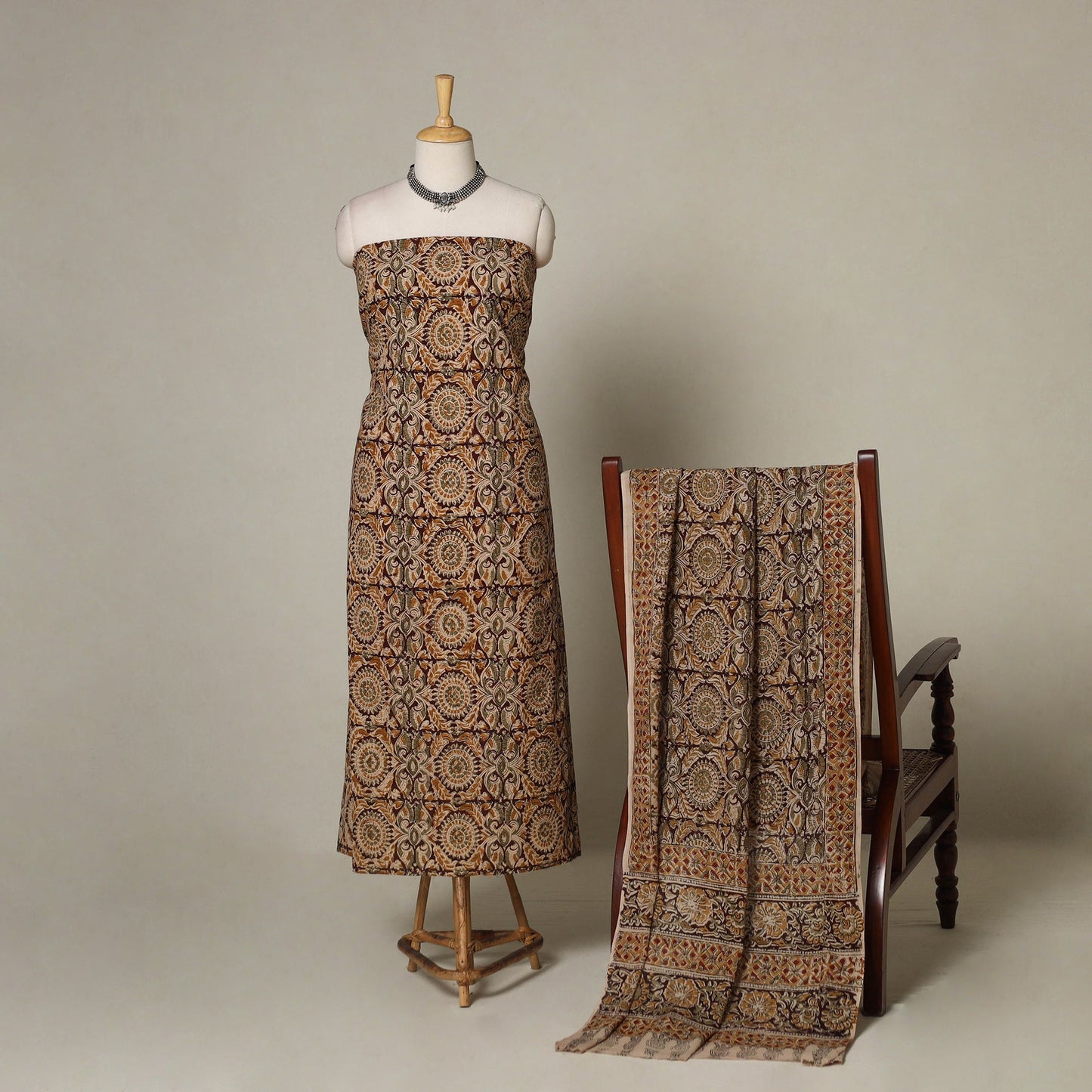 Brown - 2pc pedana cotton unstitched kalamkari dress