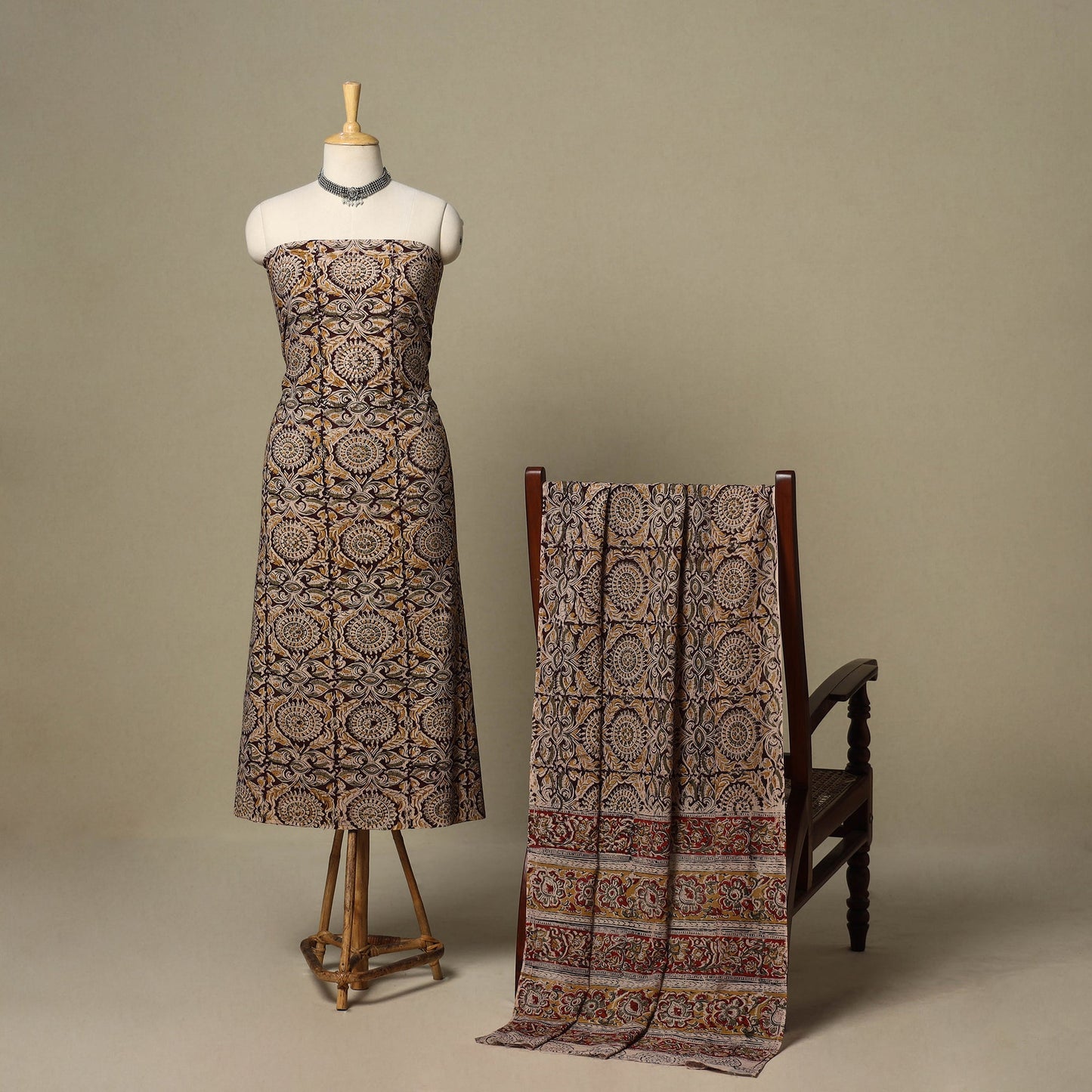 Brown - 2pc pedana cotton unstitched kalamkari dress