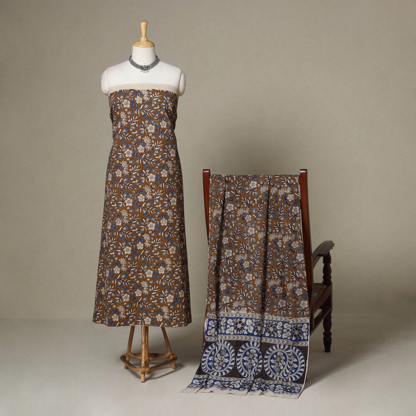 Brown - 2pc printed cotton unstitched kalamkari dress