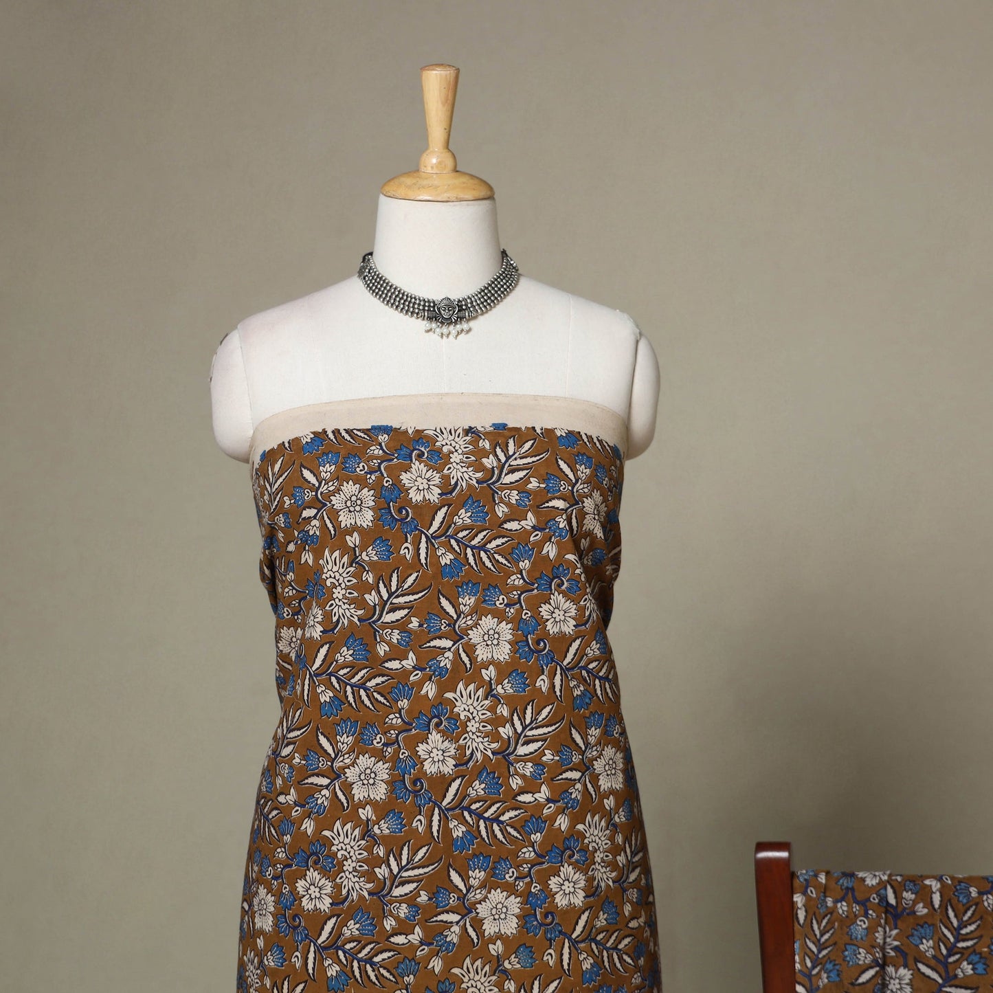 Brown - 2pc printed cotton unstitched kalamkari dress
