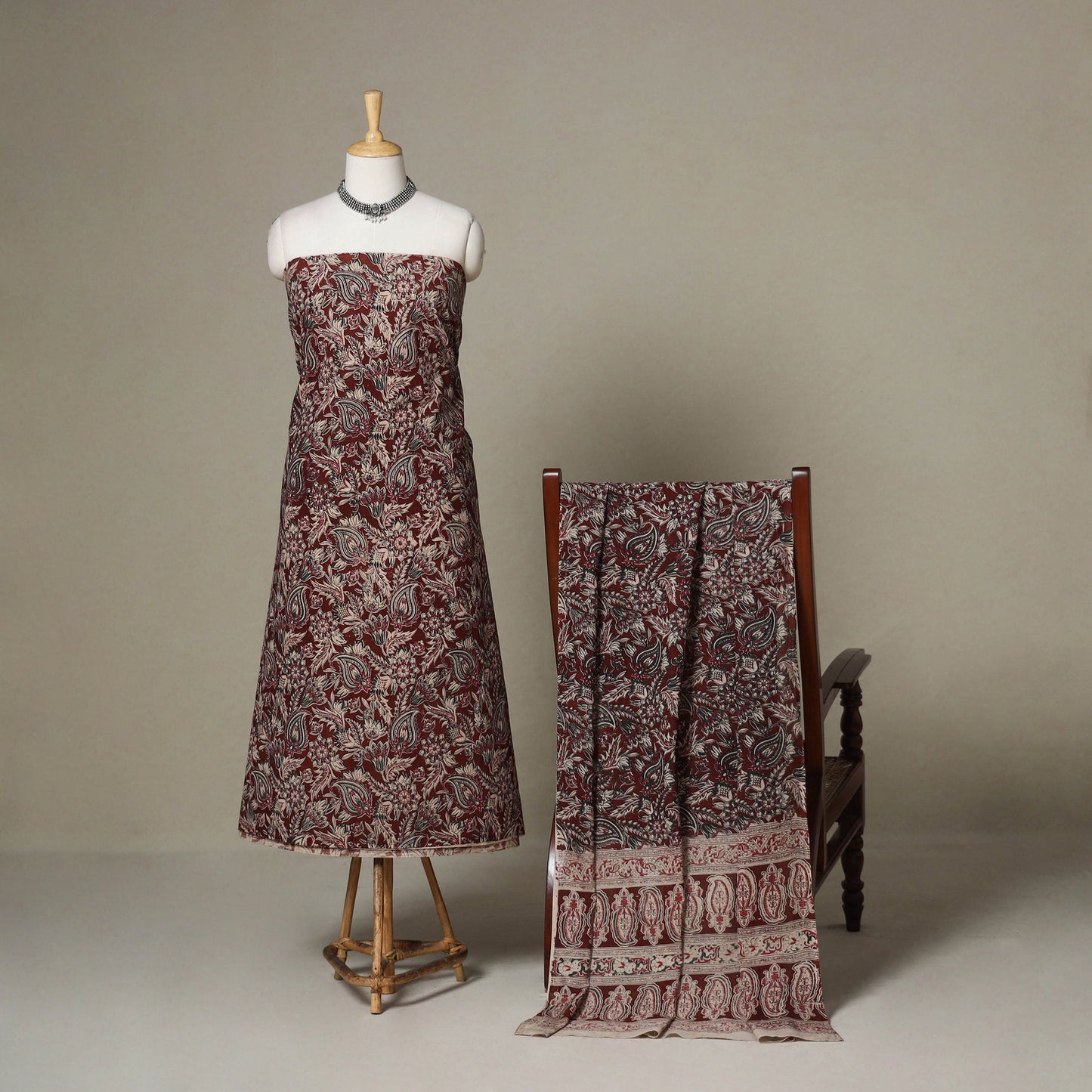 Brown - 2pc printed cotton unstitched kalamkari dress