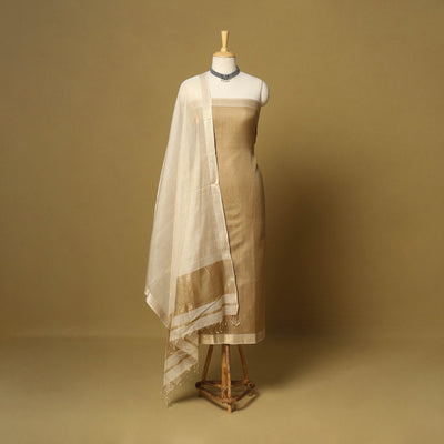 Brown - 2pc tissue zari handloom unstitched maheshwari silk