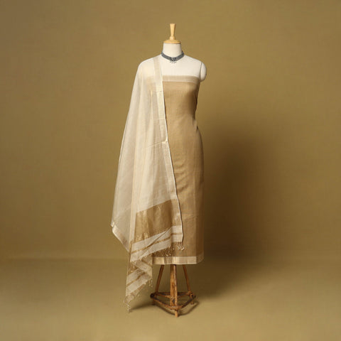 Brown - 2pc tissue zari handloom unstitched maheshwari silk