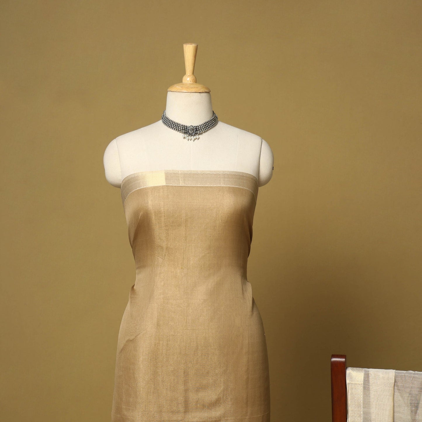 Brown - 2pc tissue zari handloom unstitched maheshwari silk