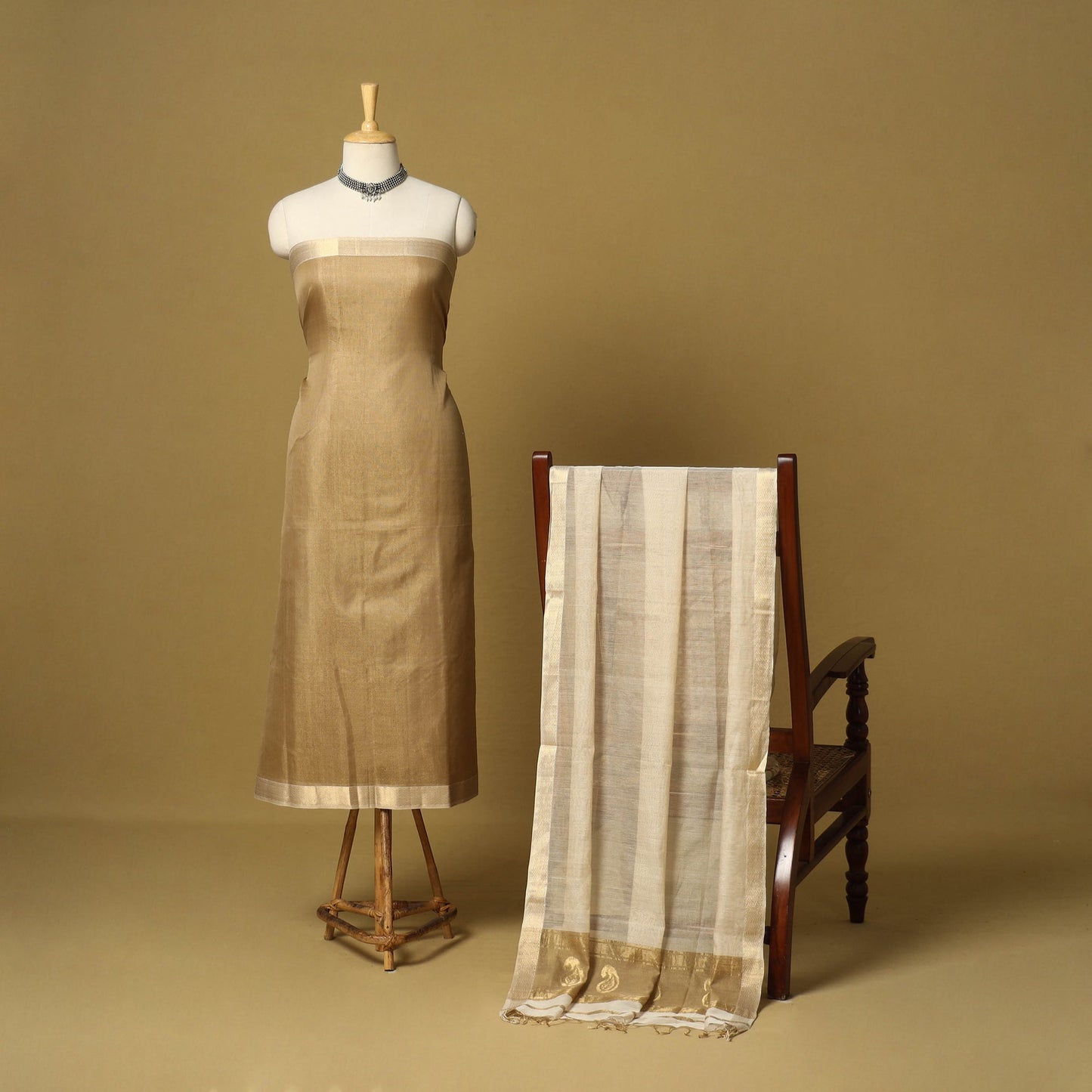 Brown - 2pc tissue zari handloom unstitched maheshwari silk