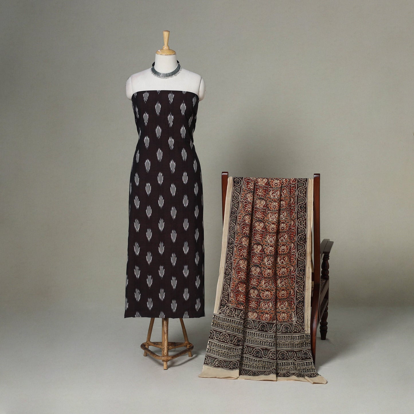 Brown - 2pc unstitched cotton pochampally ikat dress