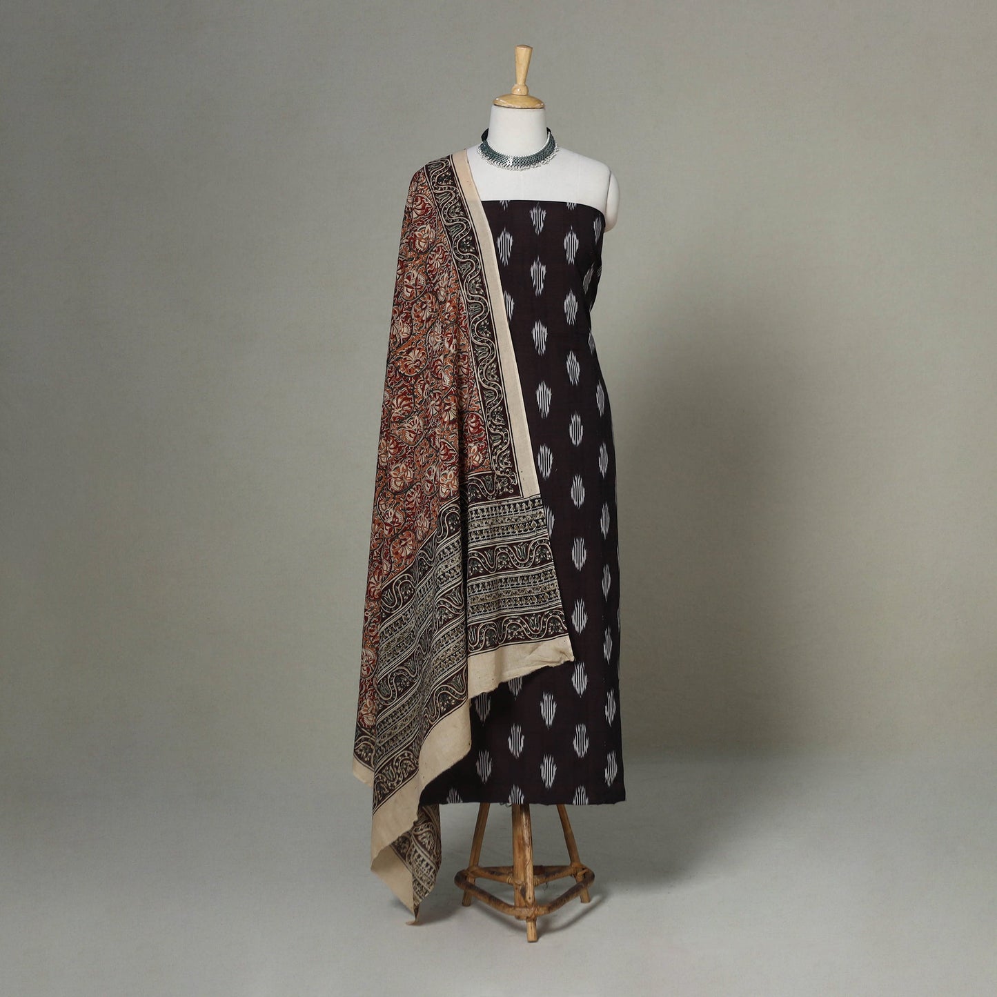 Brown - 2pc unstitched cotton pochampally ikat dress