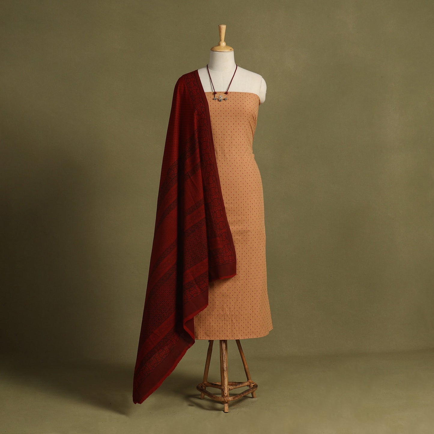 Brown 2pc Unstitched Jacquard Dress Material with Jewellery Set