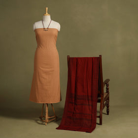 Brown 2pc Unstitched Jacquard Dress Material with Jewellery Set